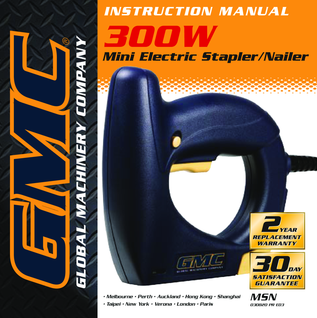Global Machinery Company 300W instruction manual Instruction Manual, Mini Electric Stapler/Nailer, PR ED3 