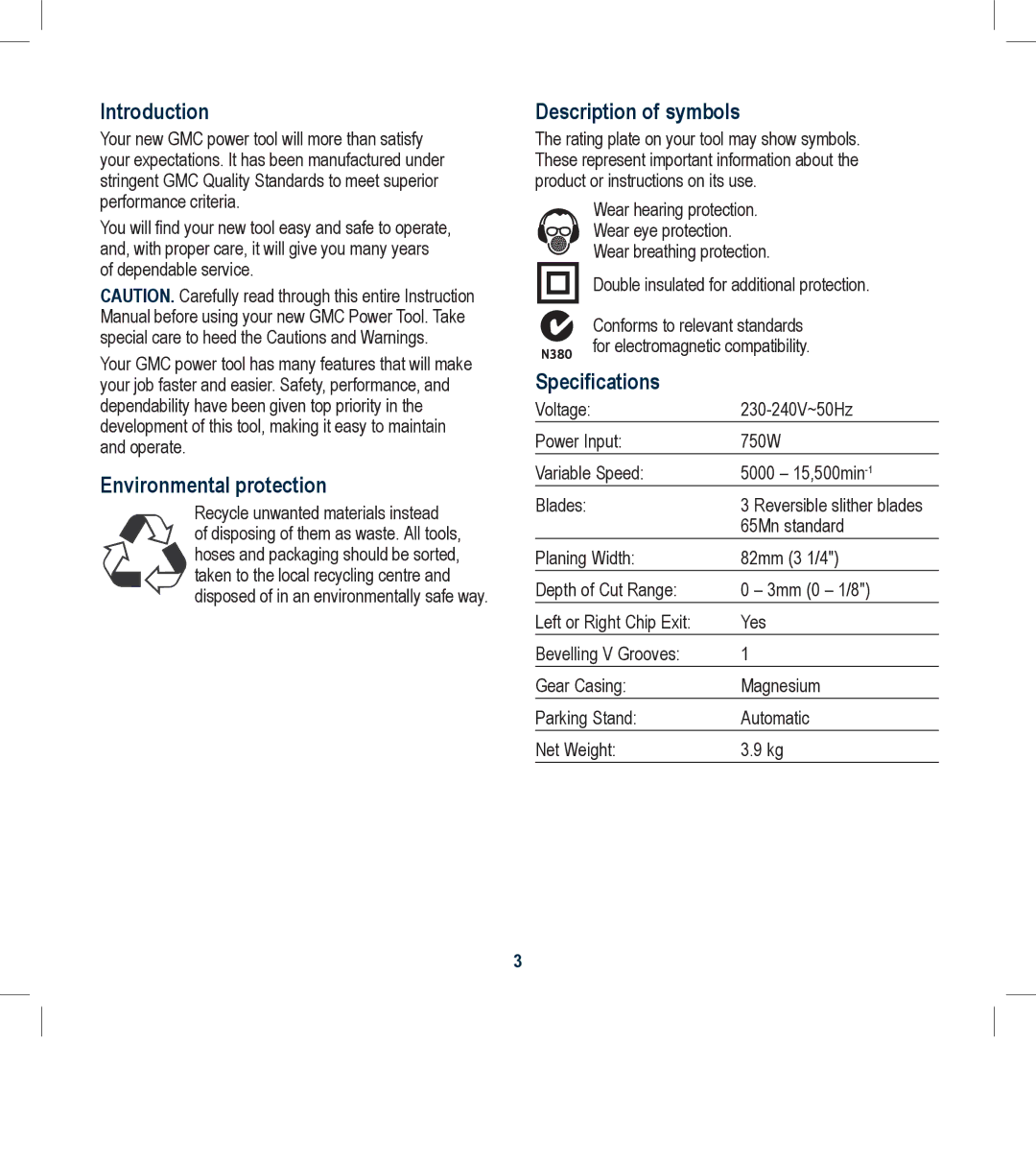 Global Machinery Company 3BVSIPCF Introduction, Environmental protection, Description of symbols, Specifications 