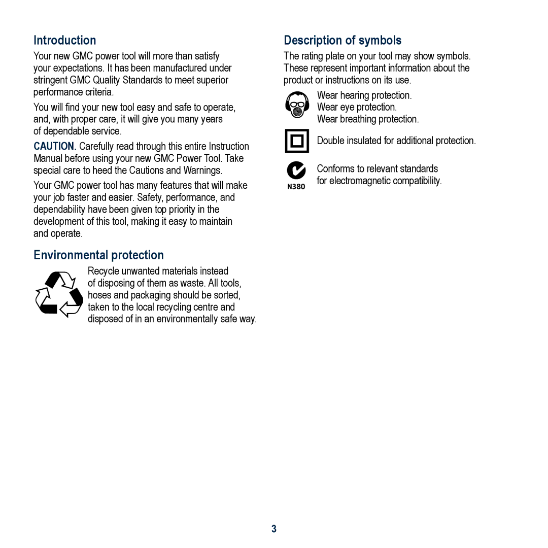 Global Machinery Company 3G12V, 3G18VM, 3G24VM, 3G144V Introduction, Environmental protection, Description of symbols 