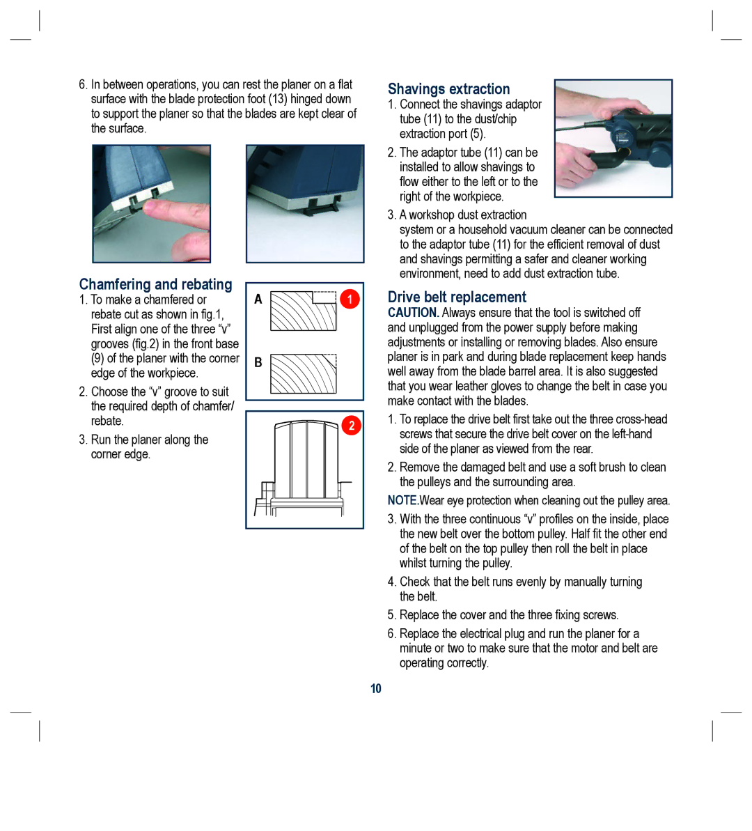 Global Machinery Company 420W instruction manual Shavings extraction, Chamfering and rebating, Drive belt replacement 