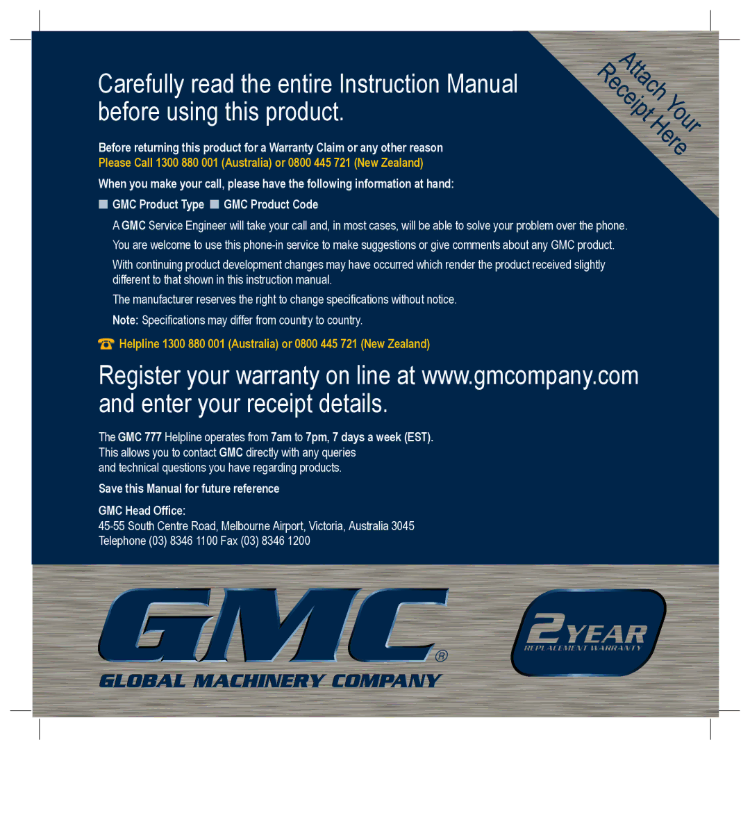 Global Machinery Company 420W instruction manual Save this Manual for future reference GMC Head Office 