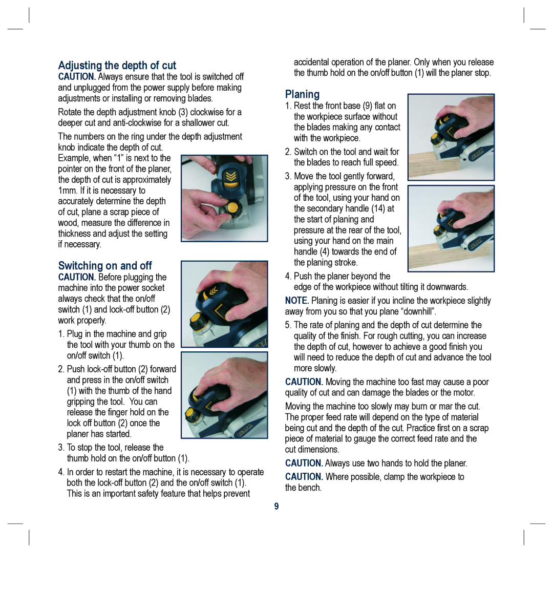 Global Machinery Company 420W instruction manual Adjusting the depth of cut, Switching on and off, Planing 