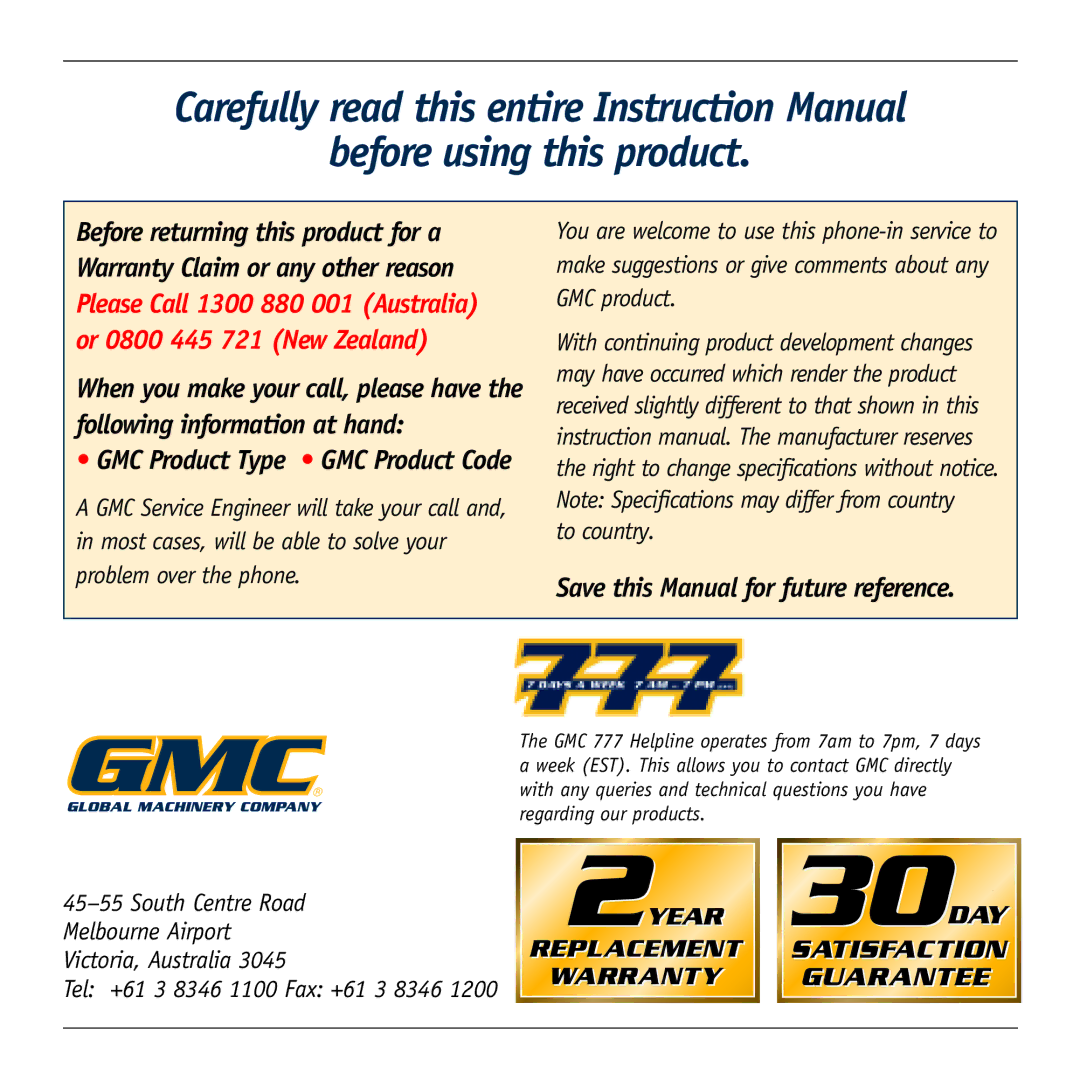 Global Machinery Company 444B instruction manual Before using this product 