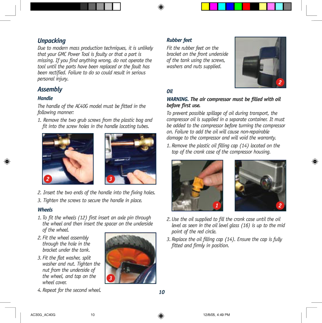 Global Machinery Company AC30G, AC40G instruction manual Unpacking, Assembly 