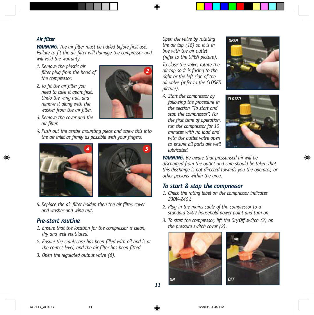 Global Machinery Company AC40G, AC30G instruction manual Pre-start routine, To start & stop the compressor, Air filter 