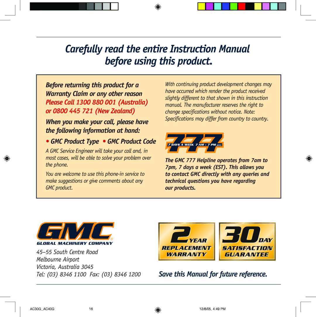 Global Machinery Company AC30G, AC40G instruction manual Save this Manual for future reference 