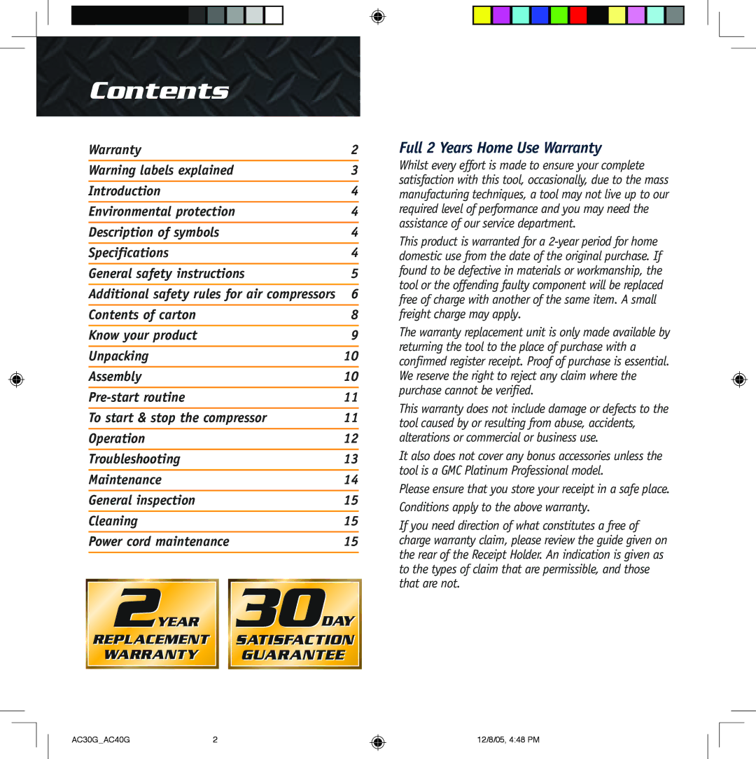 Global Machinery Company AC30G, AC40G instruction manual Contents 