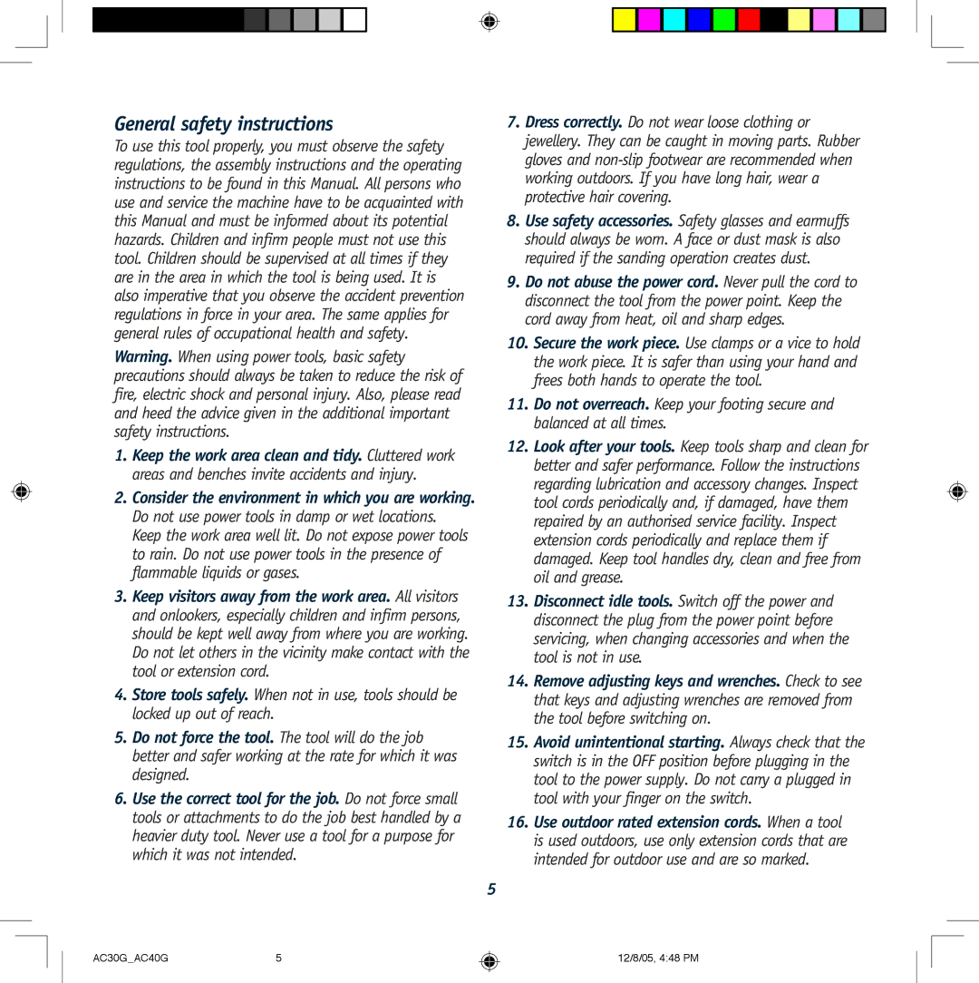 Global Machinery Company AC40G, AC30G instruction manual General safety instructions 