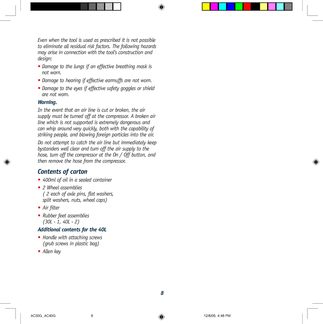 Global Machinery Company AC30G, AC40G instruction manual Contents of carton 