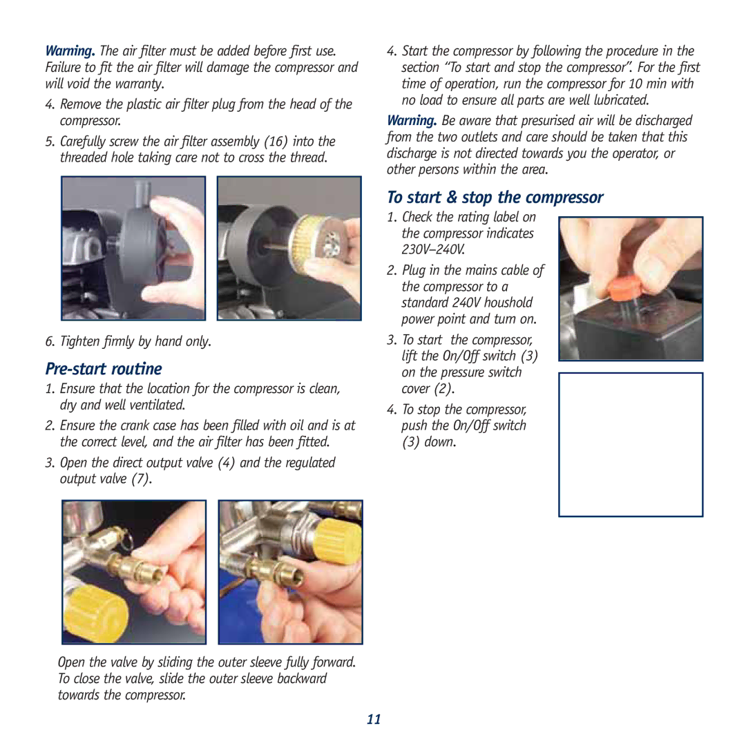 Global Machinery Company AC40L instruction manual Pre-start routine, To start & stop the compressor 