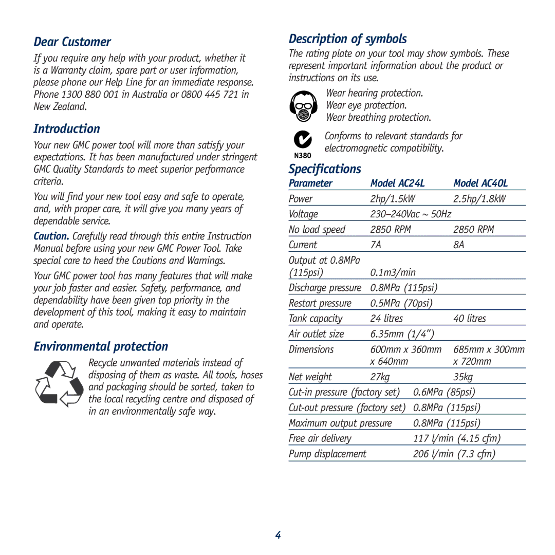 Global Machinery Company AC40L Dear Customer, Introduction, Environmental protection, Description of symbols 