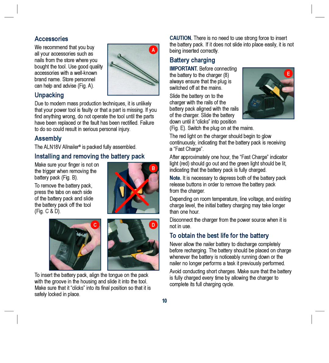 Global Machinery Company ALN18V Accessories, Unpacking, Assembly, Installing and removing the battery pack 