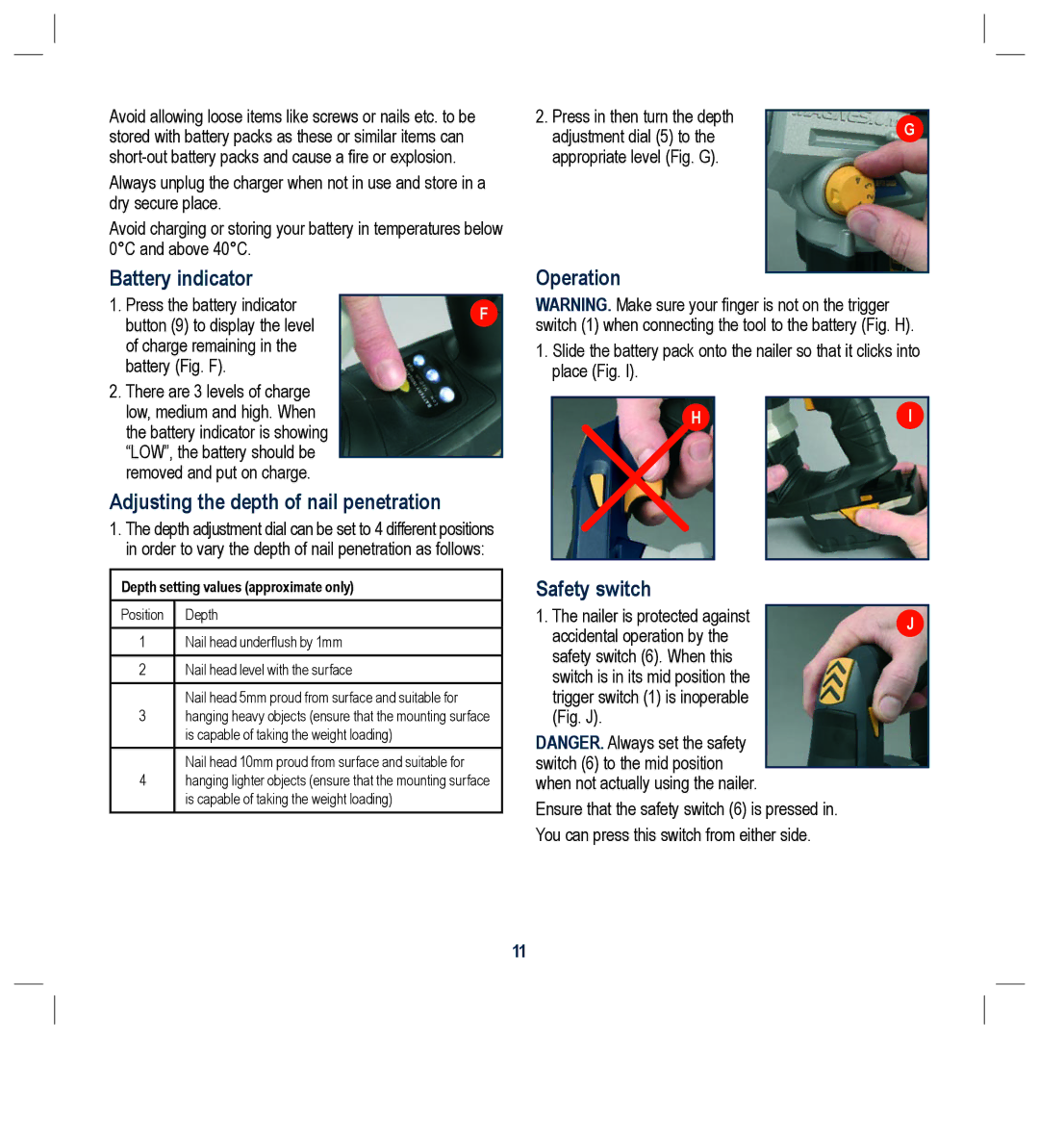 Global Machinery Company ALN18V Battery indicator, Adjusting the depth of nail penetration, Operation, Safety switch 