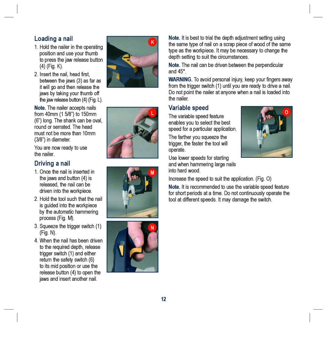 Global Machinery Company ALN18V instruction manual Loading a nail, Driving a nail, Variable speed 