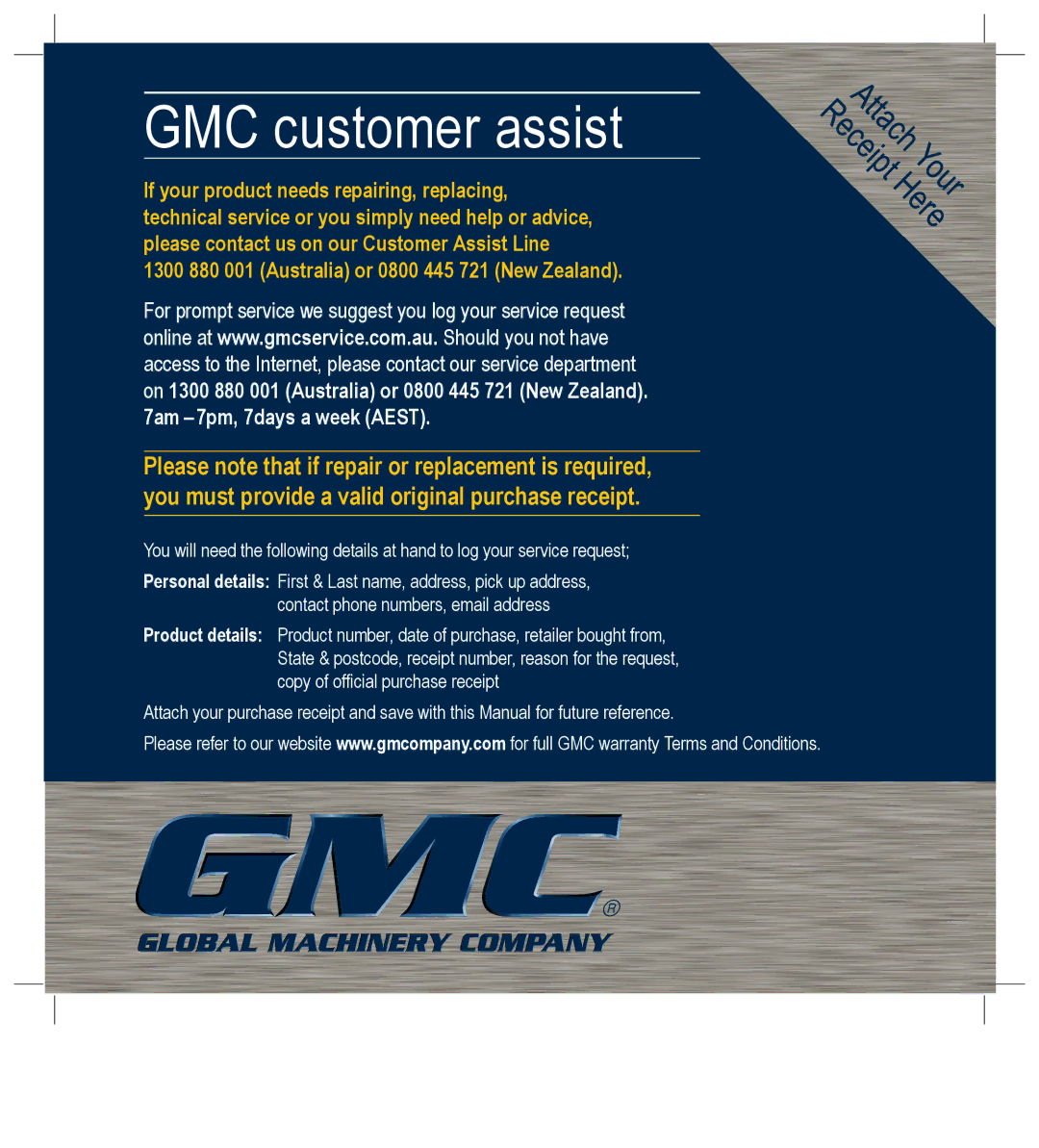 Global Machinery Company ALN18V instruction manual GMC customer assist 