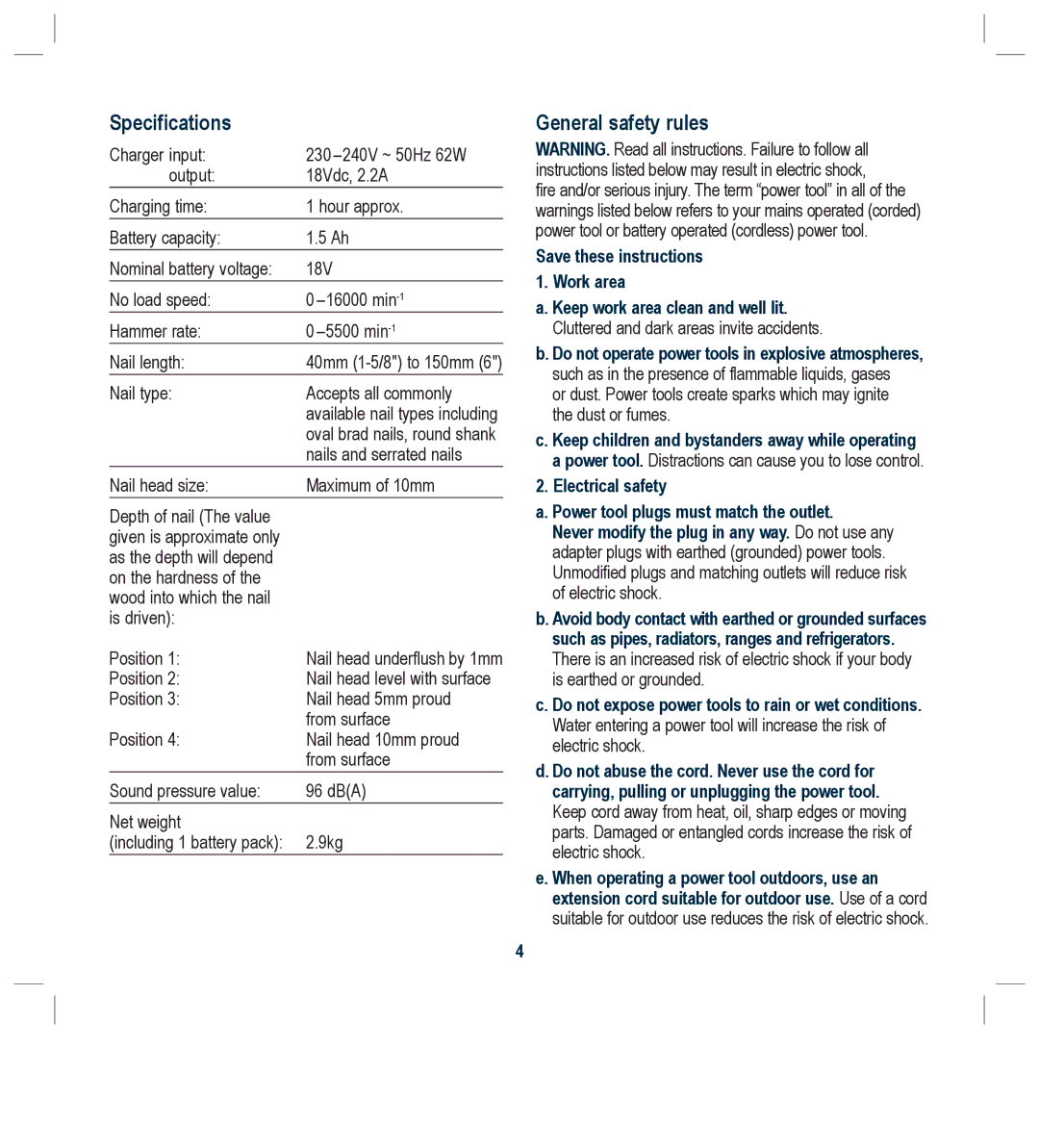 Global Machinery Company ALN18V instruction manual Specifications, General safety rules, Keep work area clean and well lit 