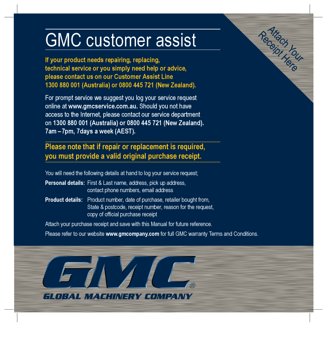 Global Machinery Company ALN18V instruction manual GMC customer assist, 1300 880 001 Australia or 0800 445 721 New Zealand 