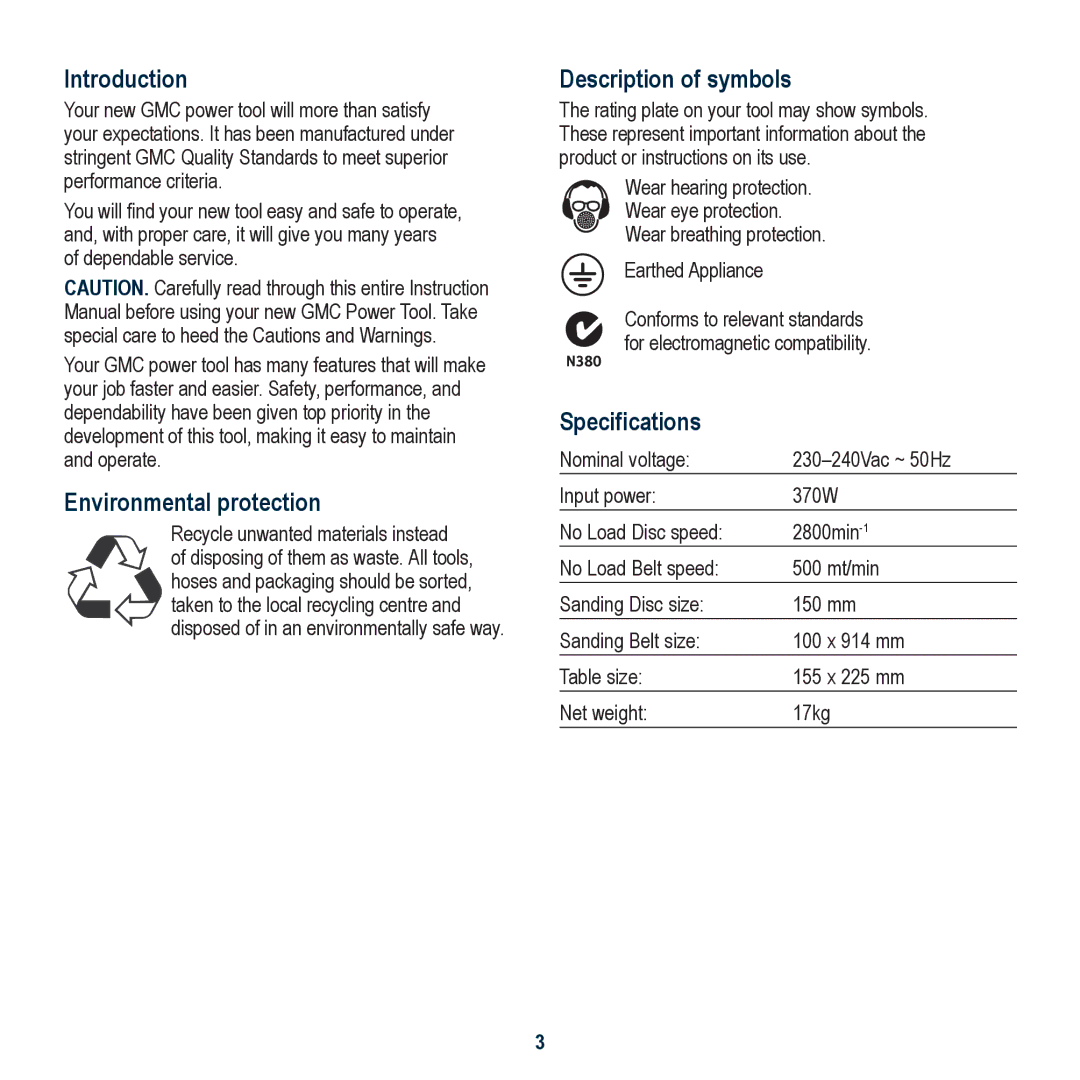 Global Machinery Company BD1500 Introduction, Environmental protection, Description of symbols, Specifications 