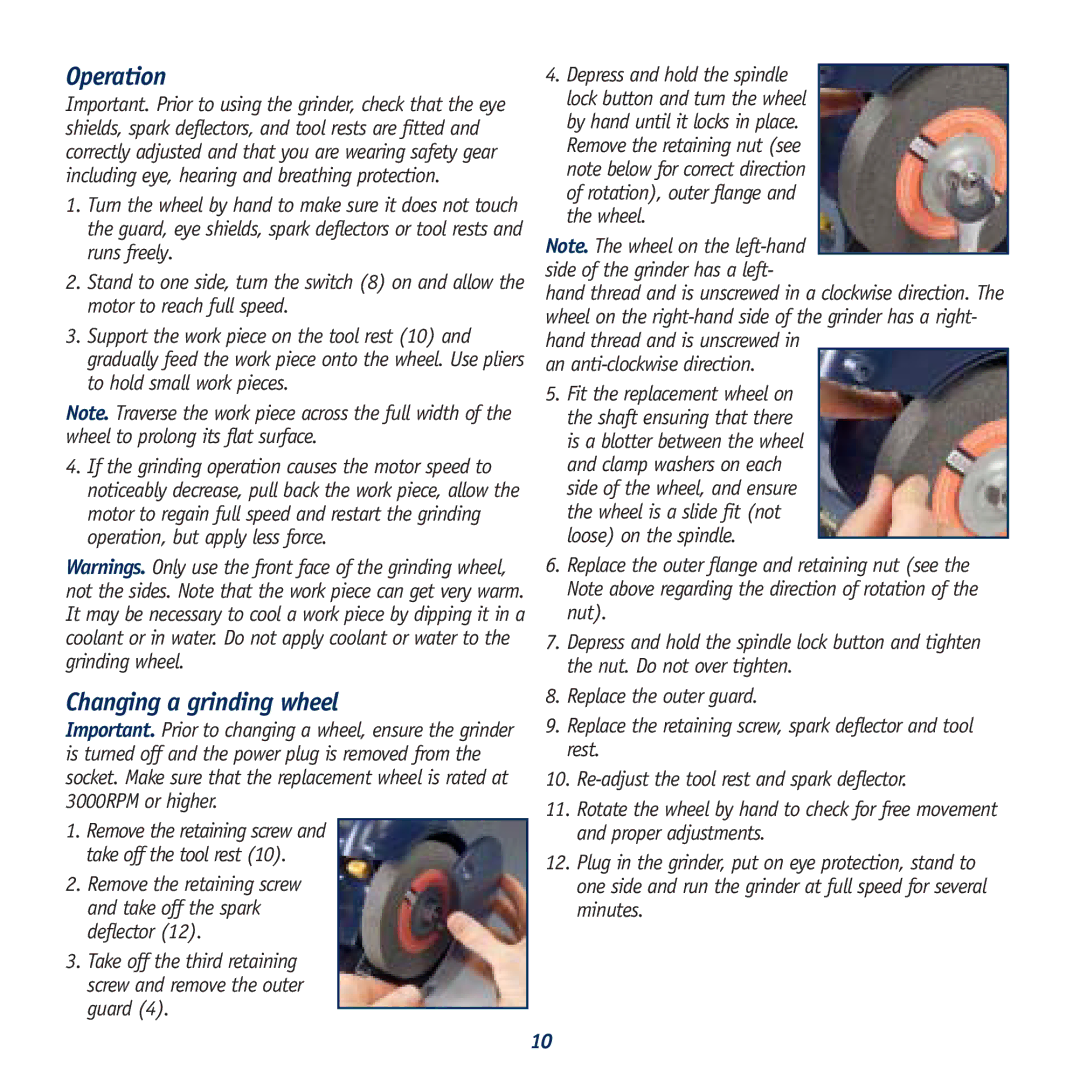 Global Machinery Company BG612HPL, BG834HPL Operation, Changing a grinding wheel, An anti-clockwise direction 