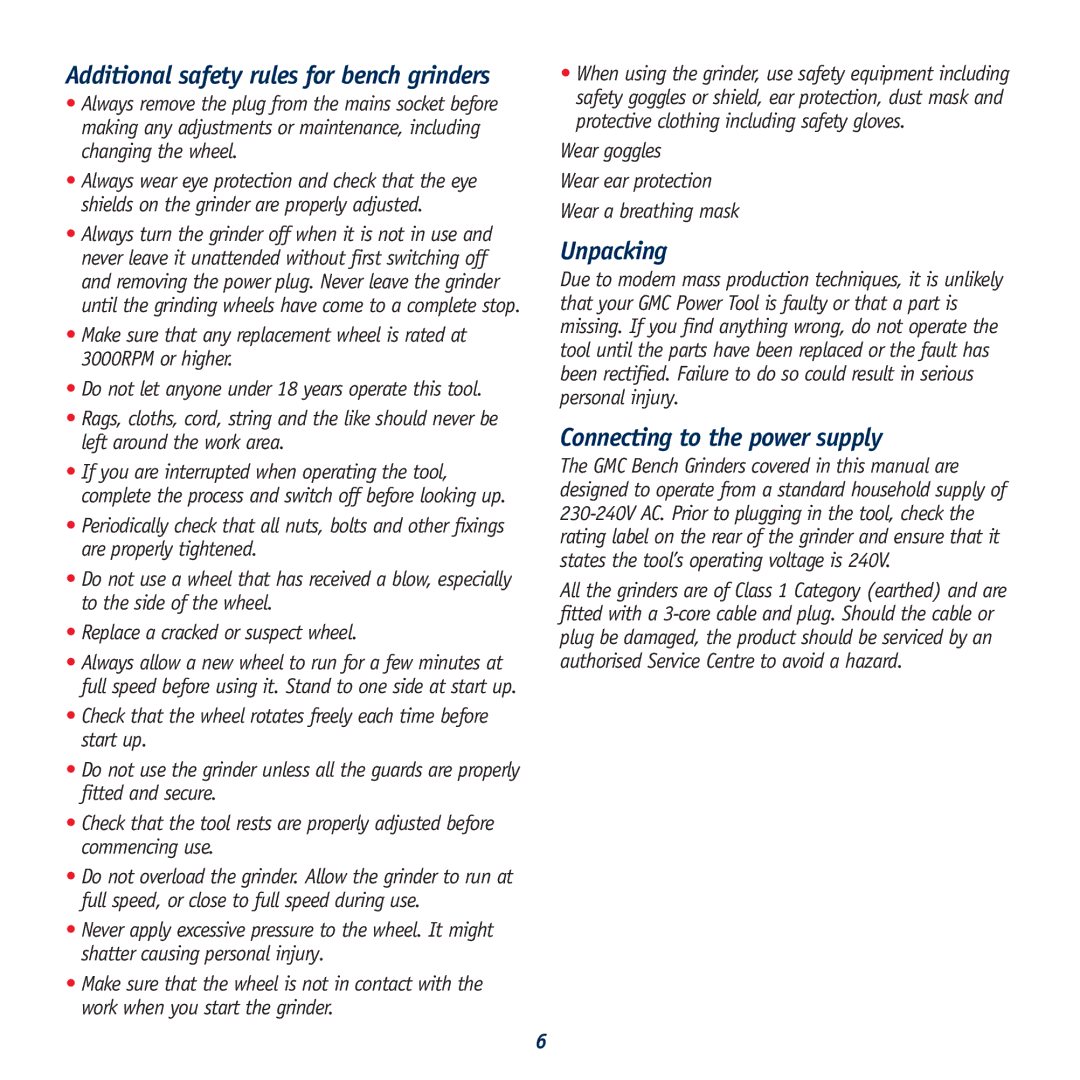 Global Machinery Company BG612HPL Additional safety rules for bench grinders, Unpacking, Connecting to the power supply 