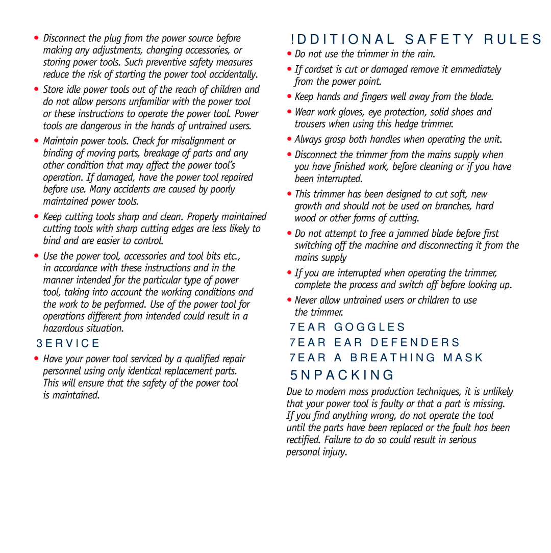 Global Machinery Company MX 460, BHT500 instruction manual Additional safety rules for hedge trimmers, Unpacking 