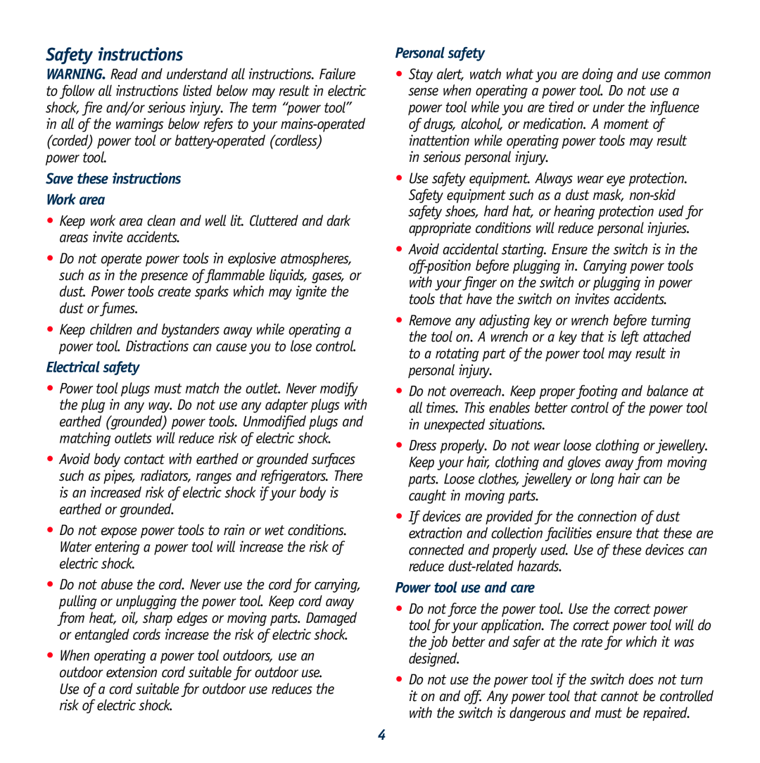 Global Machinery Company BHT500 Safety instructions, Save these instructions Work area, Electrical safety, Personal safety 