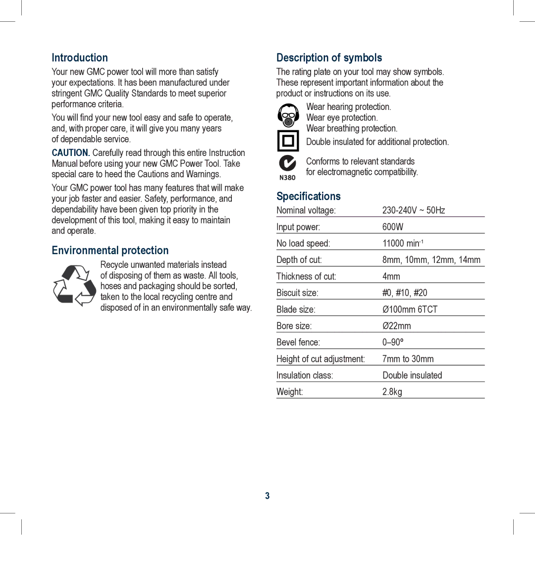 Global Machinery Company BJ600 Introduction, Environmental protection, Description of symbols, Specifications 