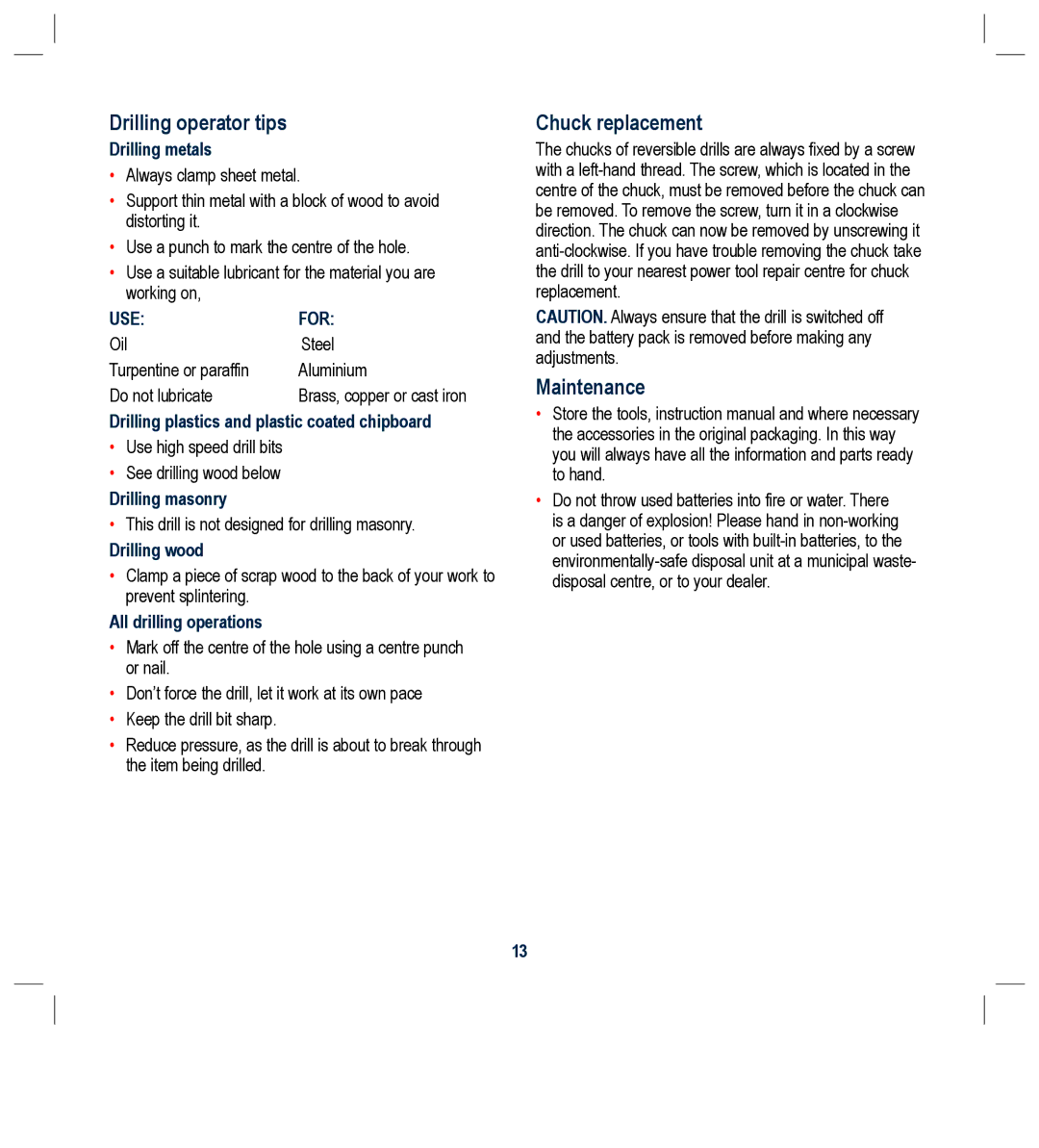 Global Machinery Company BL1181, BL1182 instruction manual Drilling operator tips, Chuck replacement, Maintenance 