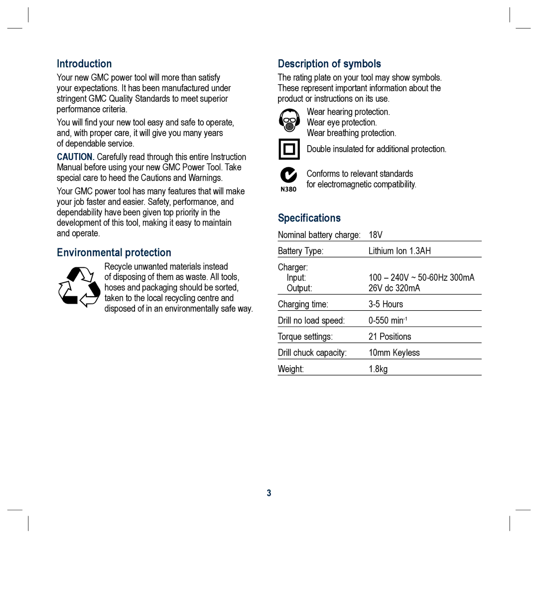 Global Machinery Company BL1181, BL1182 Introduction, Environmental protection, Description of symbols, Specifications 