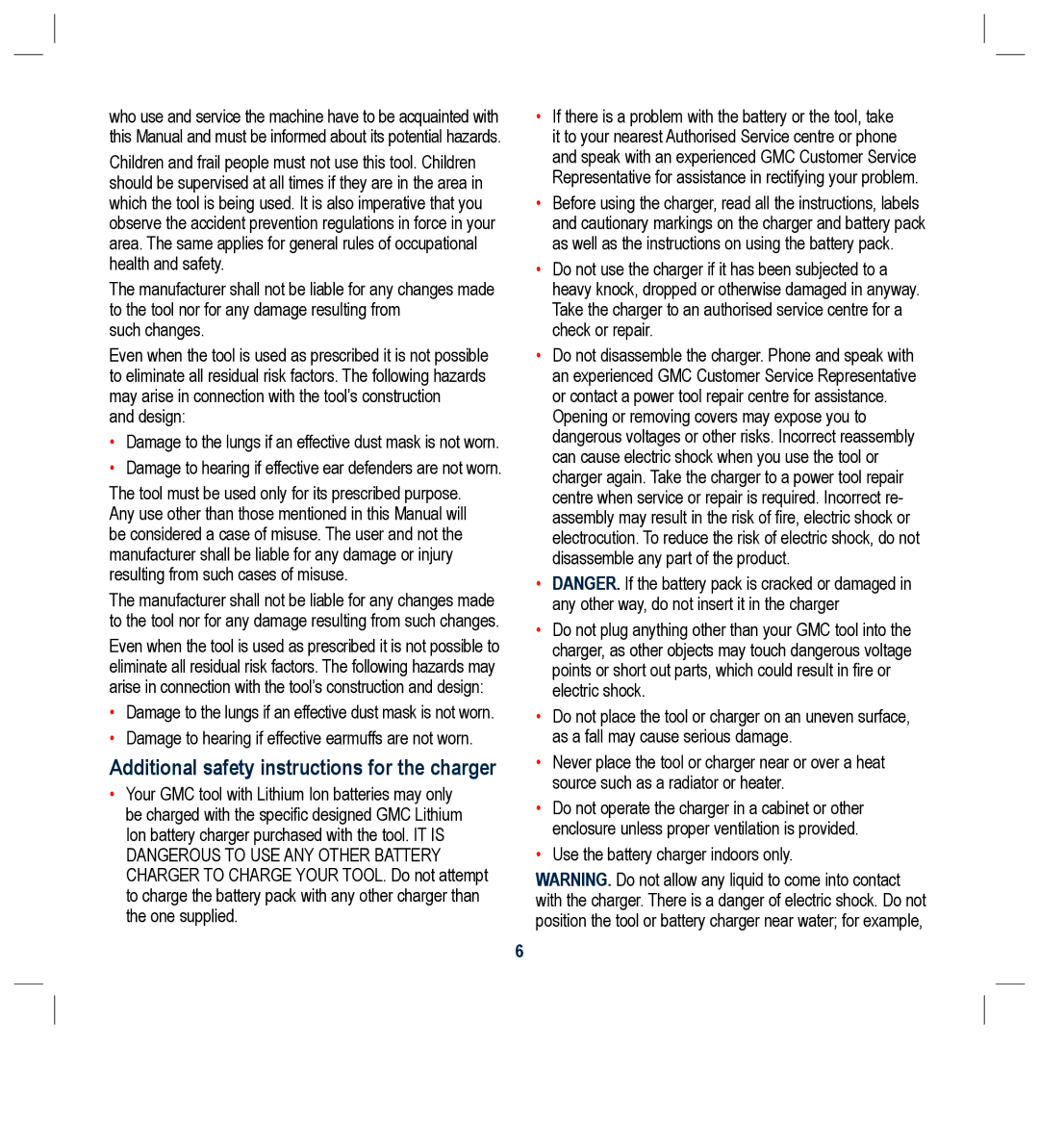 Global Machinery Company BL1182, BL1181 instruction manual Additional safety instructions for the charger 