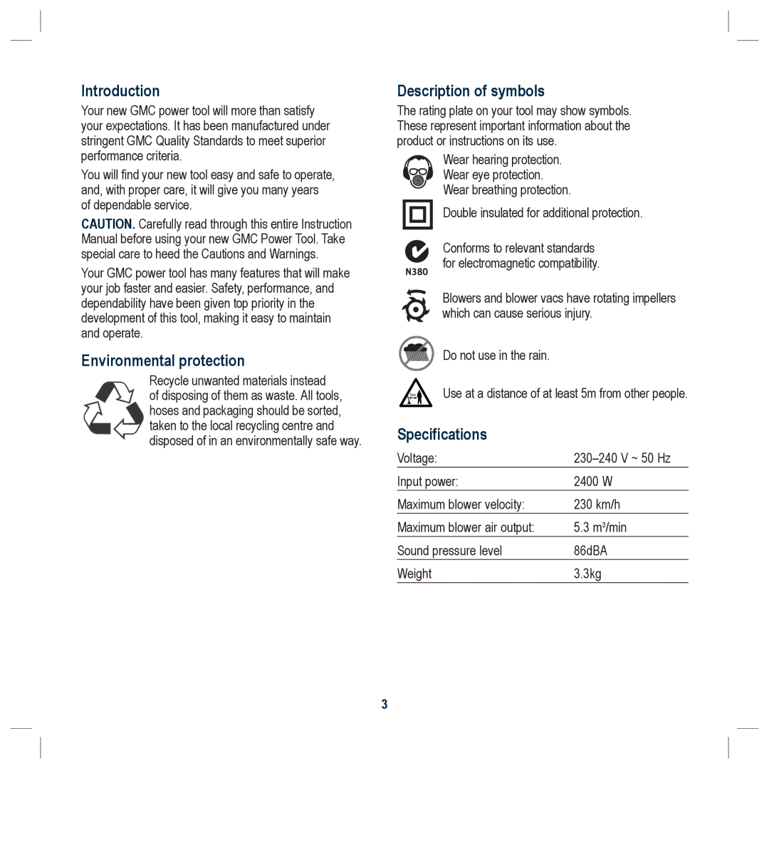 Global Machinery Company BL5000A Introduction, Environmental protection, Description of symbols, Specifications 