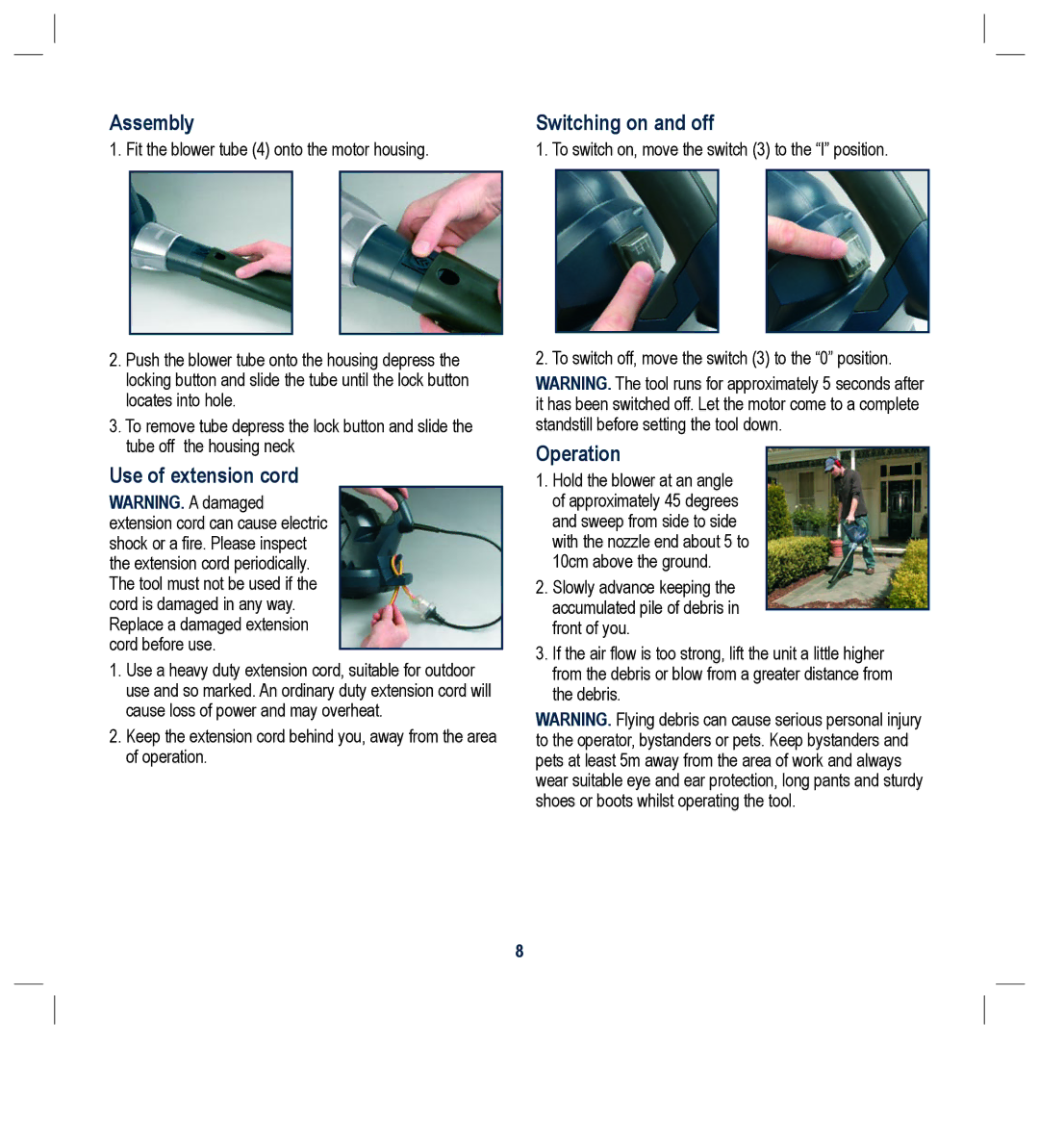 Global Machinery Company BL5000A instruction manual Assembly, Use of extension cord, Switching on and off, Operation 