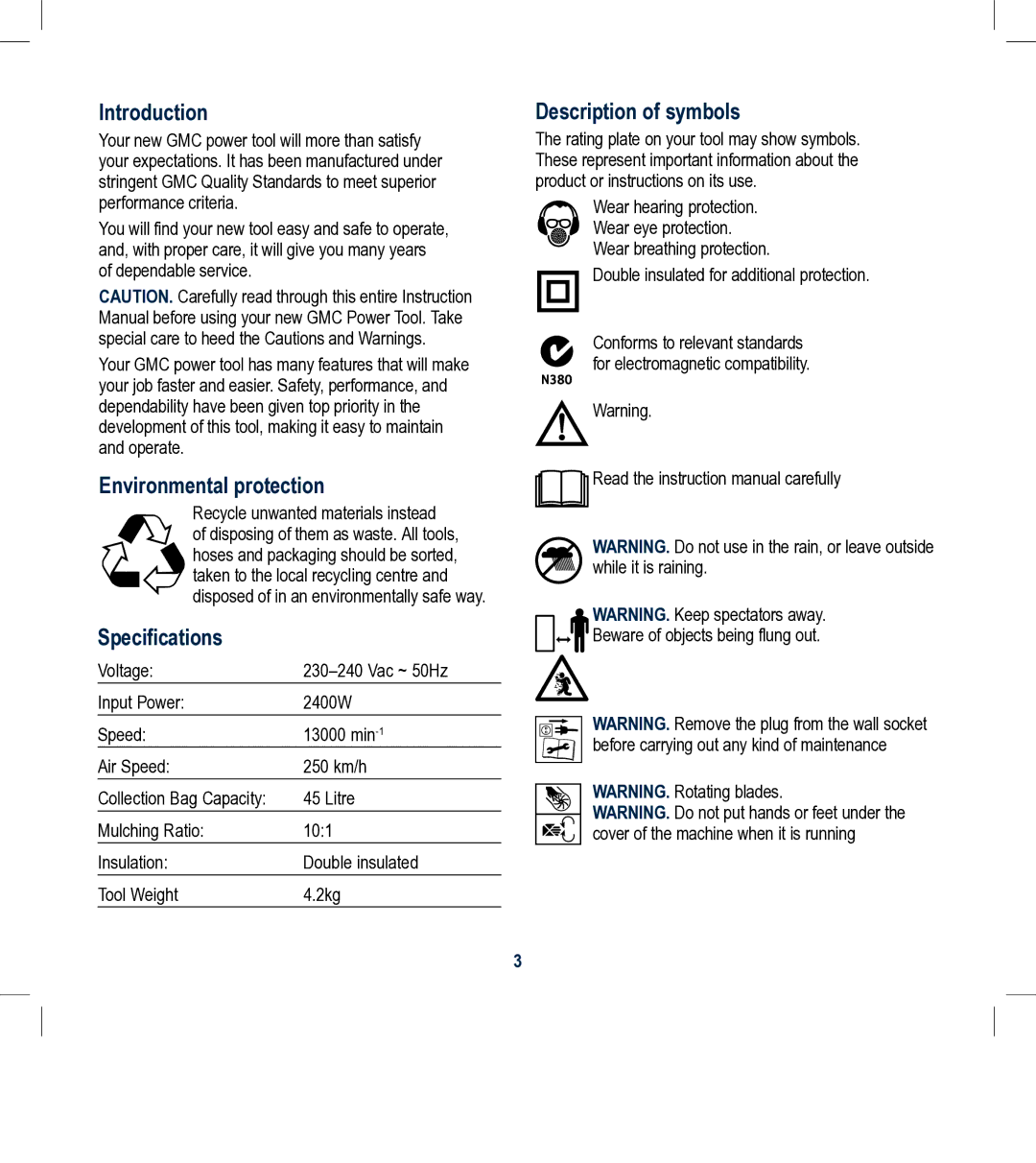 Global Machinery Company BLV8000A Introduction, Environmental protection, Specifications, Description of symbols 