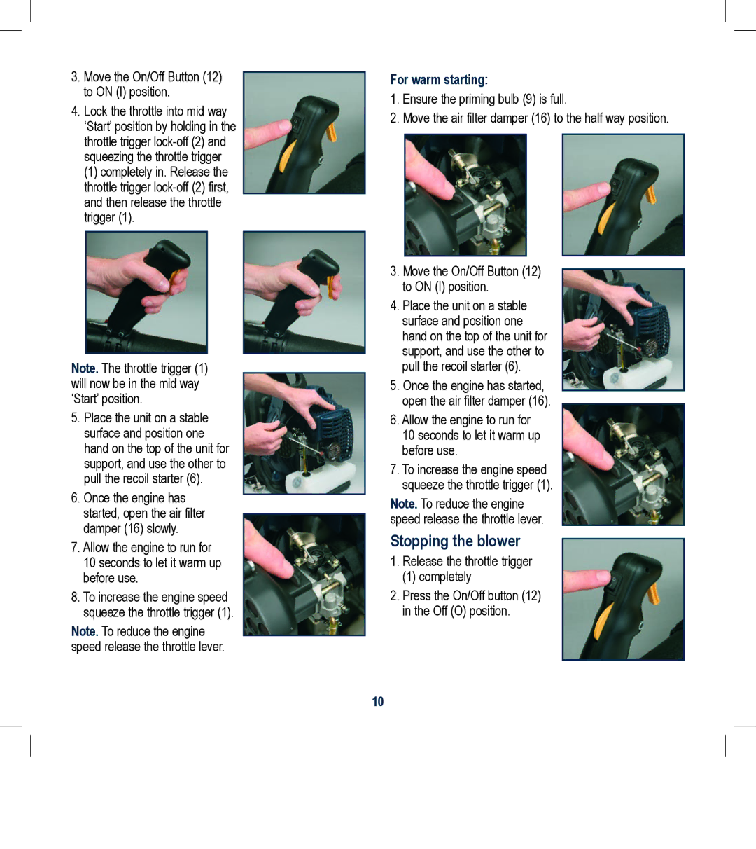 Global Machinery Company BPB41 instruction manual Stopping the blower, For warm starting 