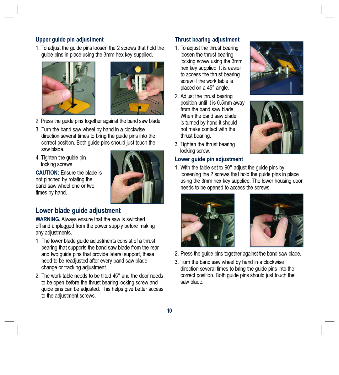 Global Machinery Company BS230L Lower blade guide adjustment, Upper guide pin adjustment, Lower guide pin adjustment 