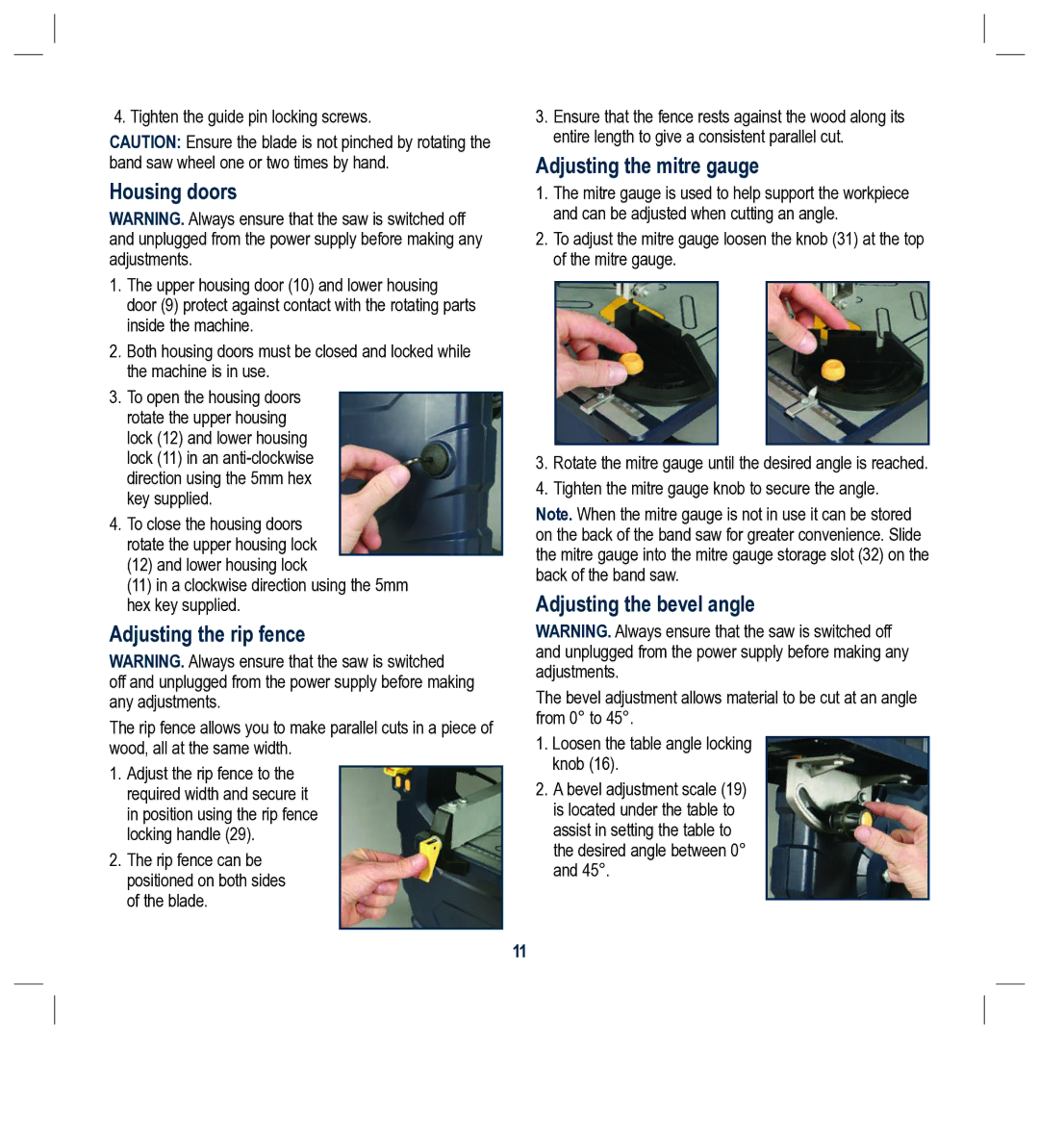 Global Machinery Company BS230L instruction manual Housing doors, Adjusting the rip fence, Adjusting the mitre gauge 