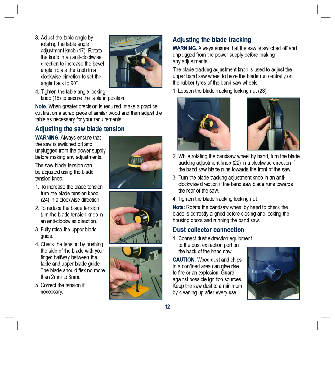 Global Machinery Company BS230L Adjusting the saw blade tension, Adjusting the blade tracking, Dust collector connection 