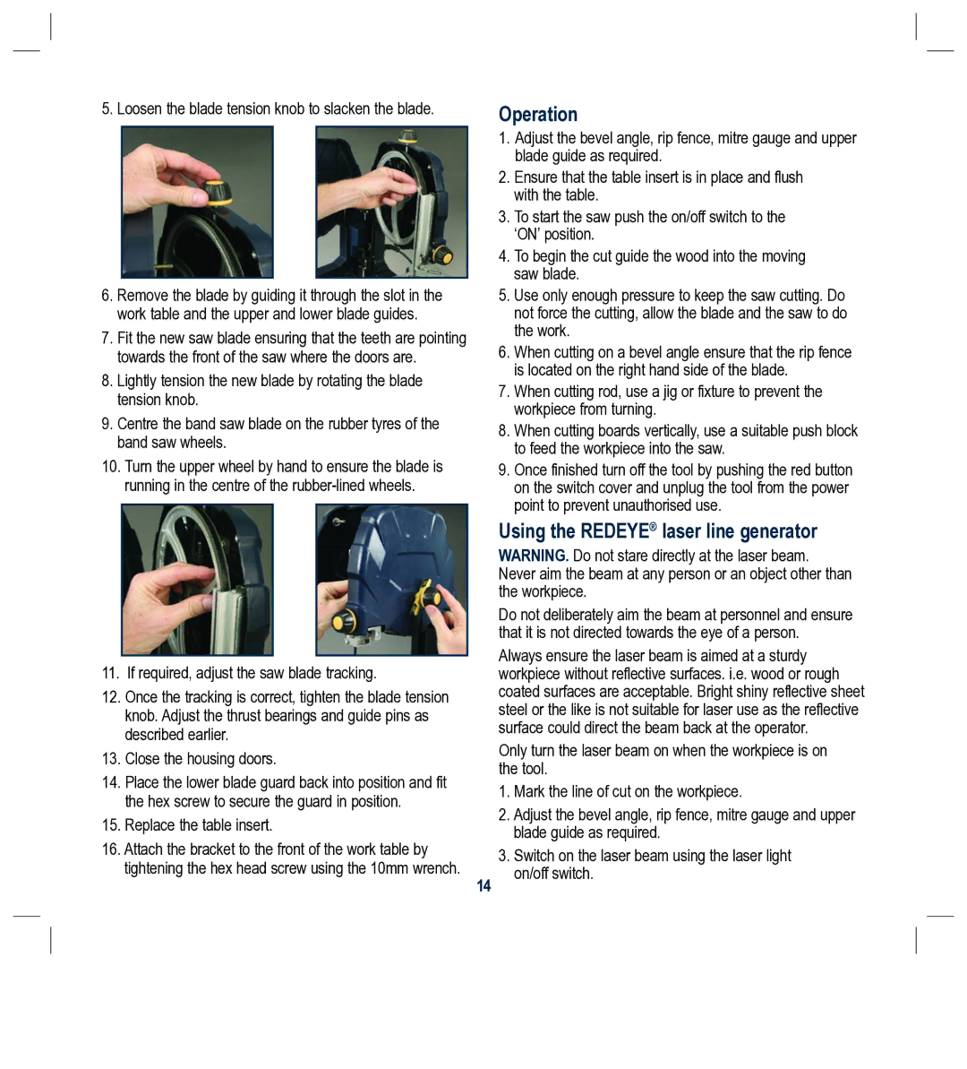 Global Machinery Company BS230L instruction manual Operation, Using the Redeye laser line generator 