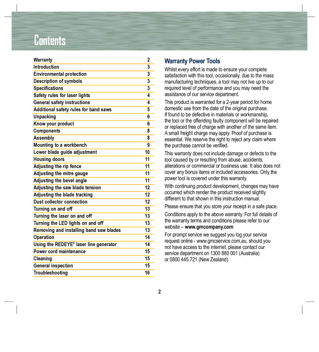 Global Machinery Company BS230L instruction manual Contents 