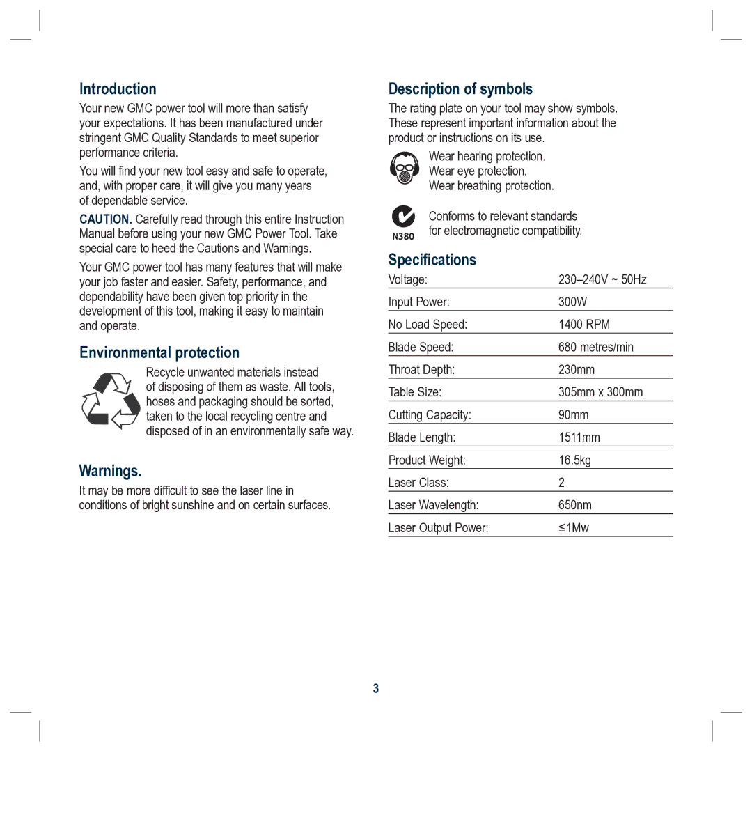 Global Machinery Company BS230L Introduction, Environmental protection, Description of symbols, Specifications 