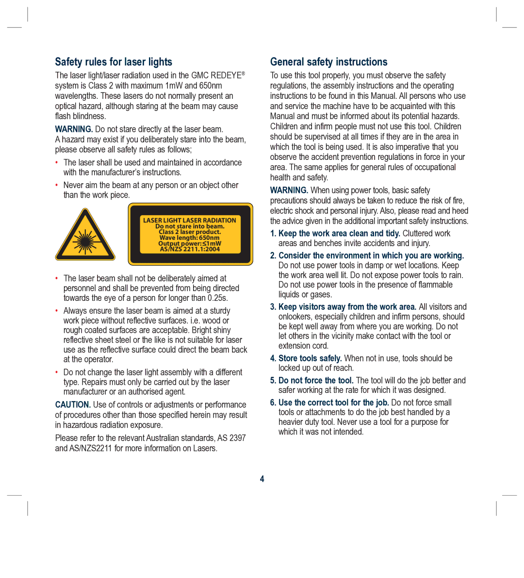 Global Machinery Company BS230L instruction manual Safety rules for laser lights, General safety instructions 