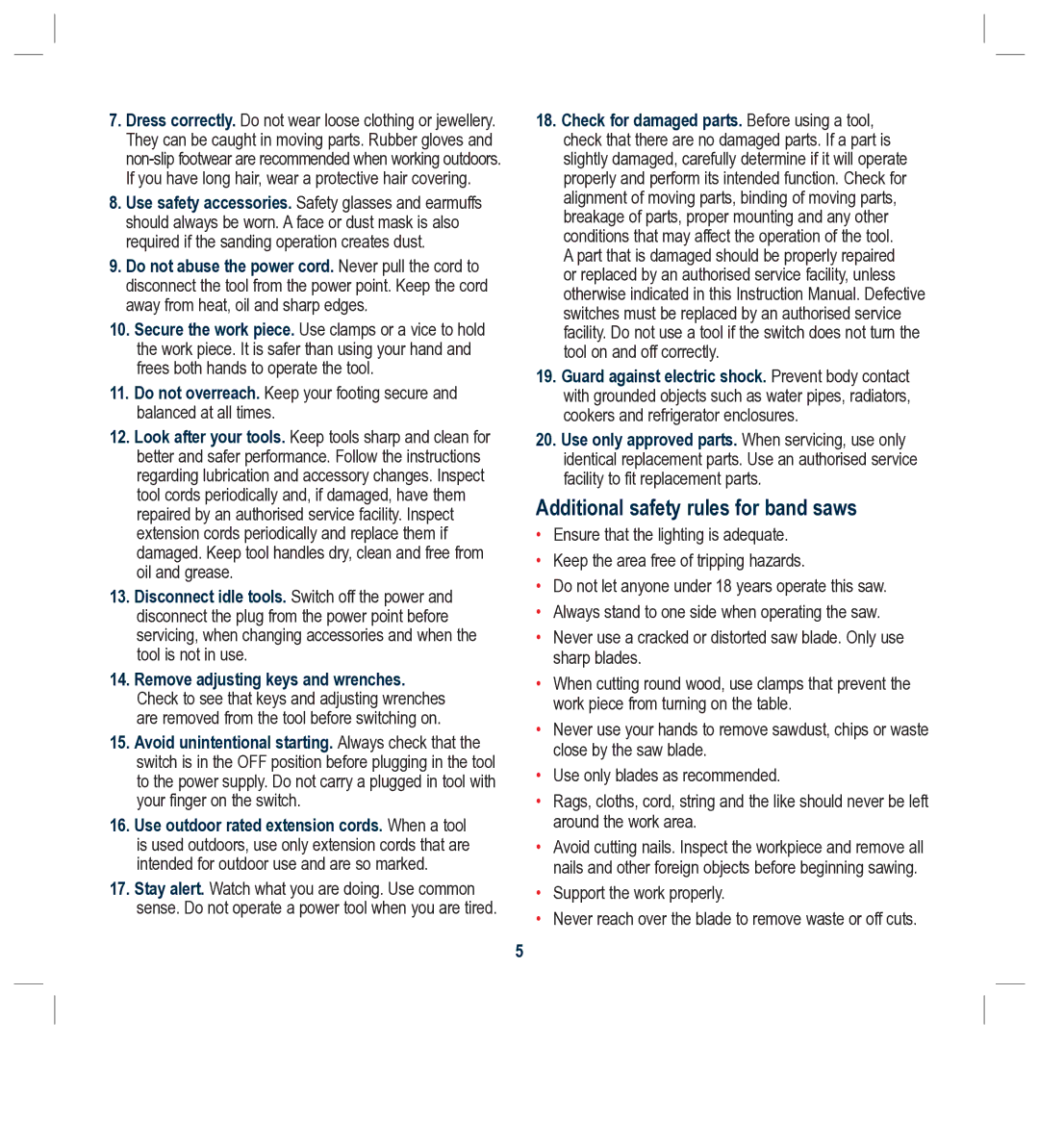 Global Machinery Company BS230L Additional safety rules for band saws, Remove adjusting keys and wrenches 