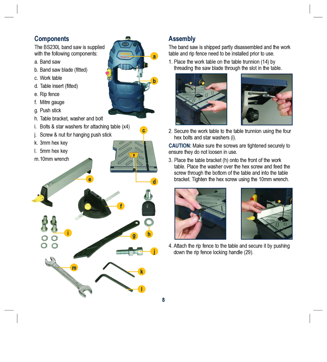 Global Machinery Company BS230L instruction manual Components, Assembly 