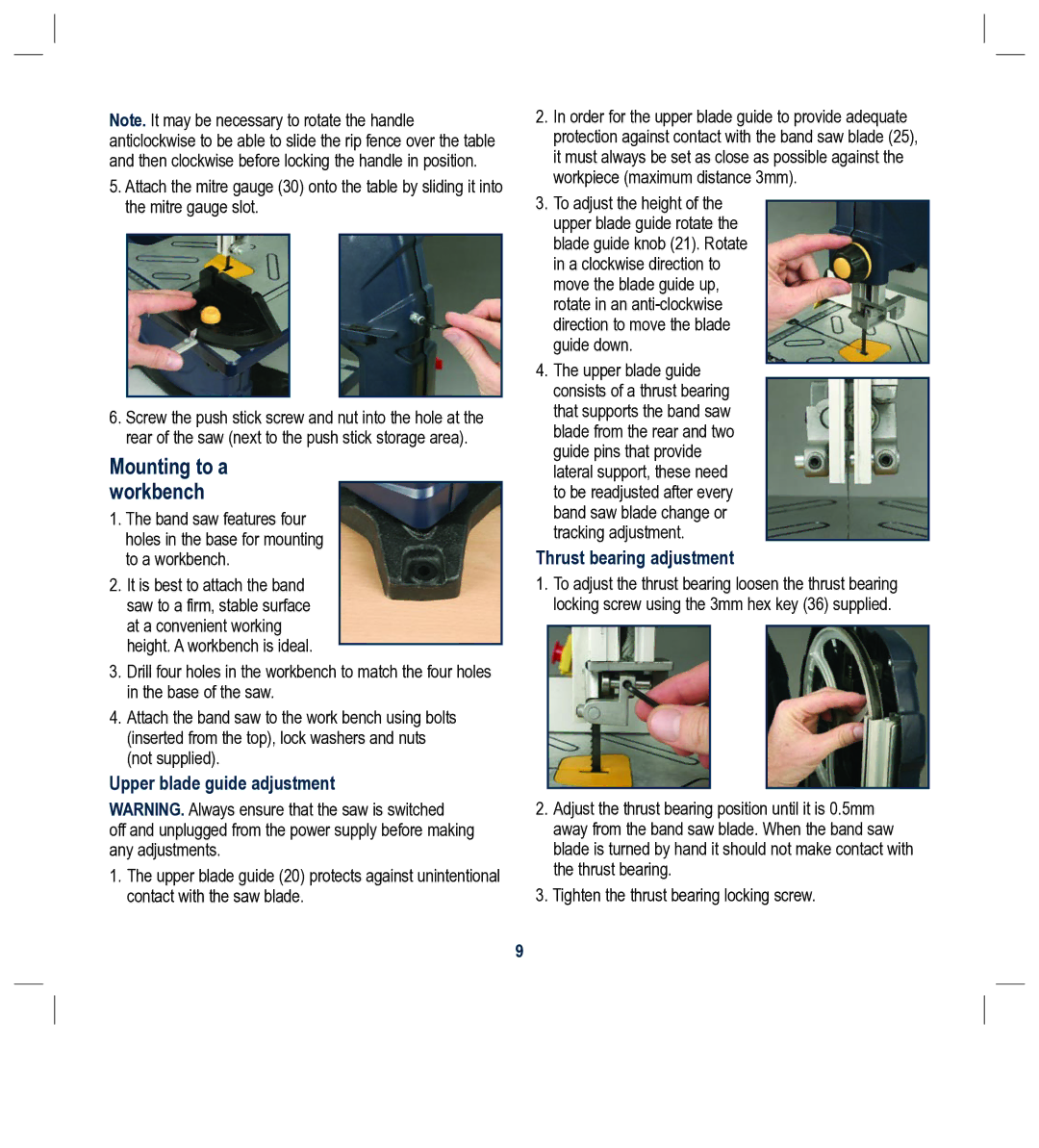 Global Machinery Company BS230L Mounting to a workbench, Upper blade guide adjustment, Thrust bearing adjustment 