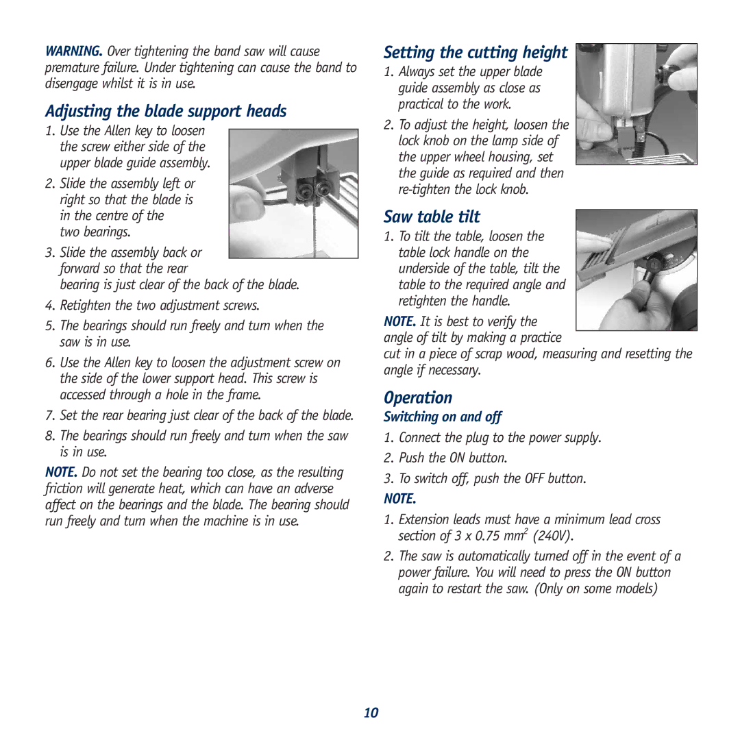 Global Machinery Company BS7 Adjusting the blade support heads, Setting the cutting height, Saw table tilt, Operation 