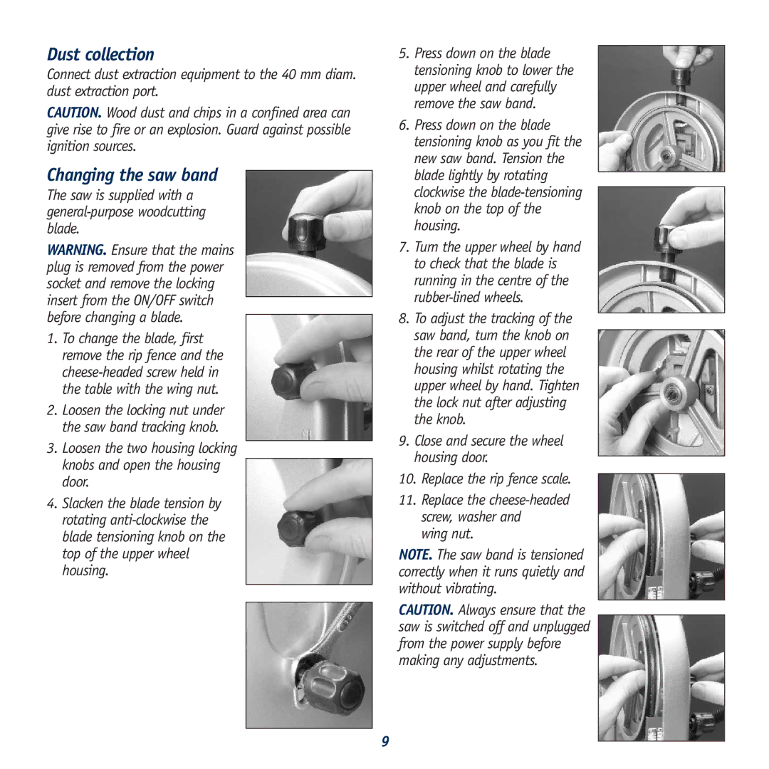 Global Machinery Company BS7 instruction manual Dust collection, Changing the saw band, Wing nut 