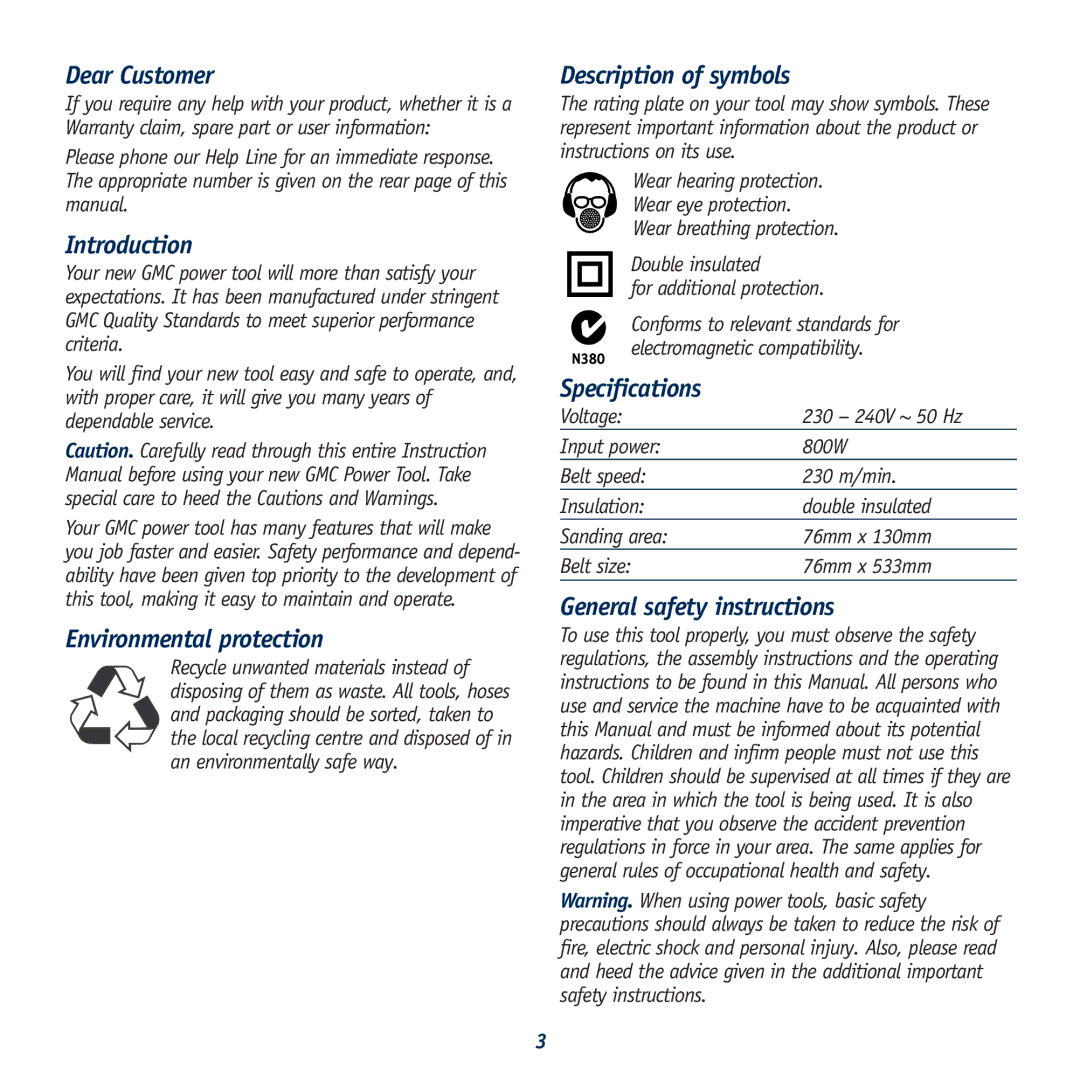 Global Machinery Company BS800 Dear Customer, Introduction, Environmental protection, Description of symbols 