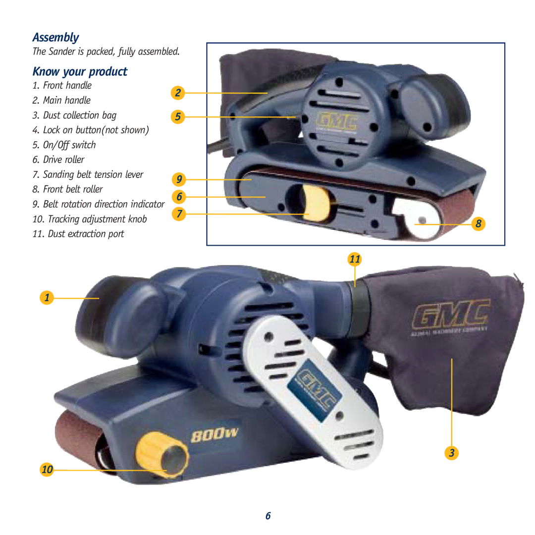 Global Machinery Company BS800 Assembly, Know your product, Sander is packed, fully assembled, Dust extraction port 