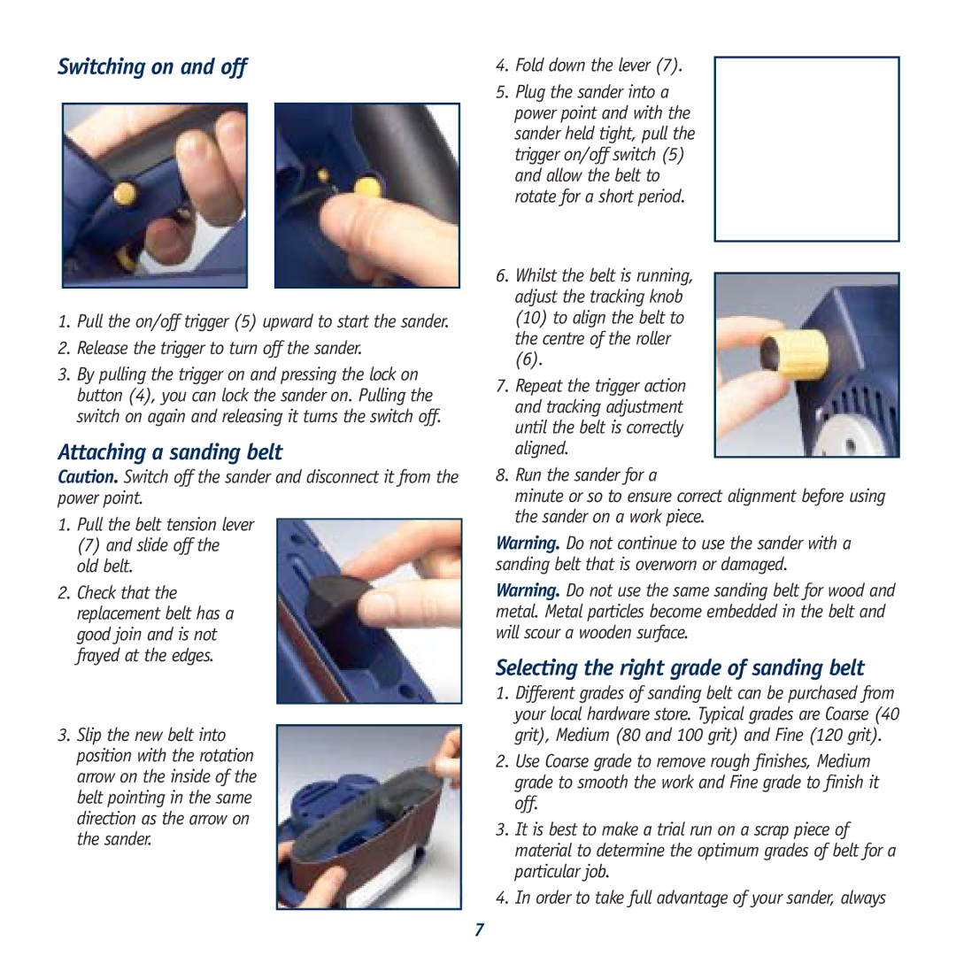 Global Machinery Company BS800 Switching on and off, Attaching a sanding belt, Selecting the right grade of sanding belt 