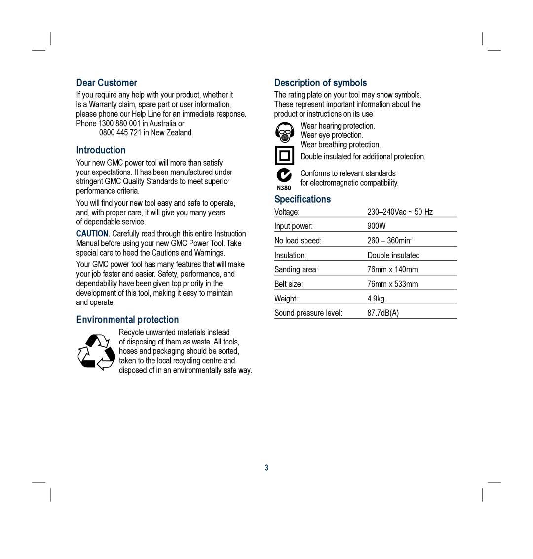 Global Machinery Company BS900M instruction manual Description of symbols, Specifications 